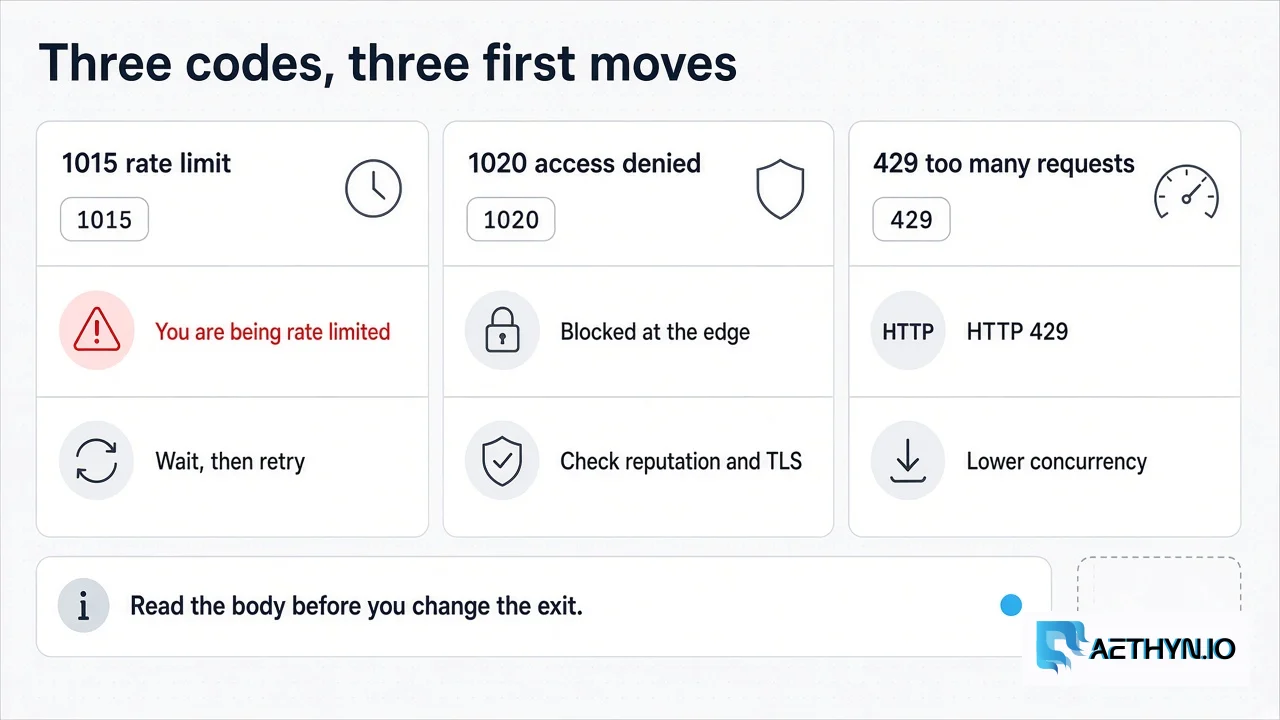 Three Cloudflare and HTTP codes side by side: 1015 rate limited, 1020 access denied, and 429 too many requests