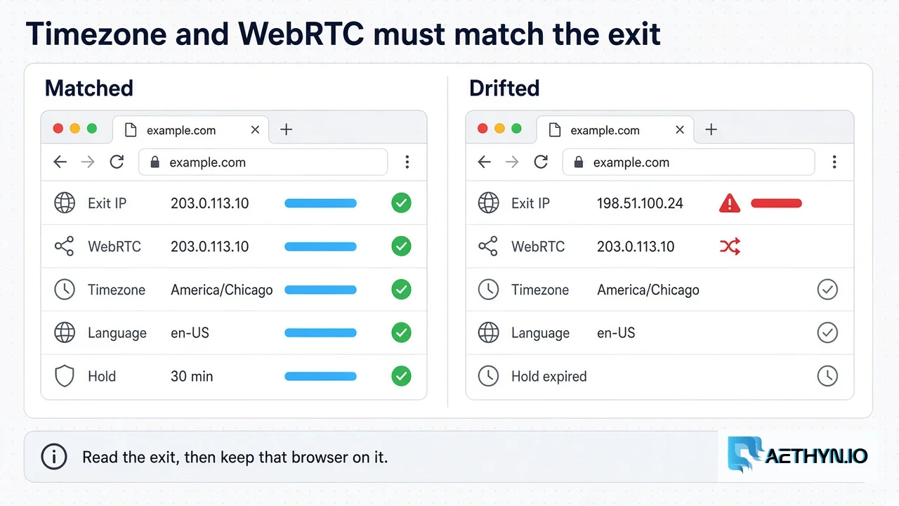 The drifted pane still shows the first WebRTC address after the exit IP has moved. geoip does not repair that mid-browser. Matched browser keeps exit, WebRTC, timezone, and language together; a drifted browser does not