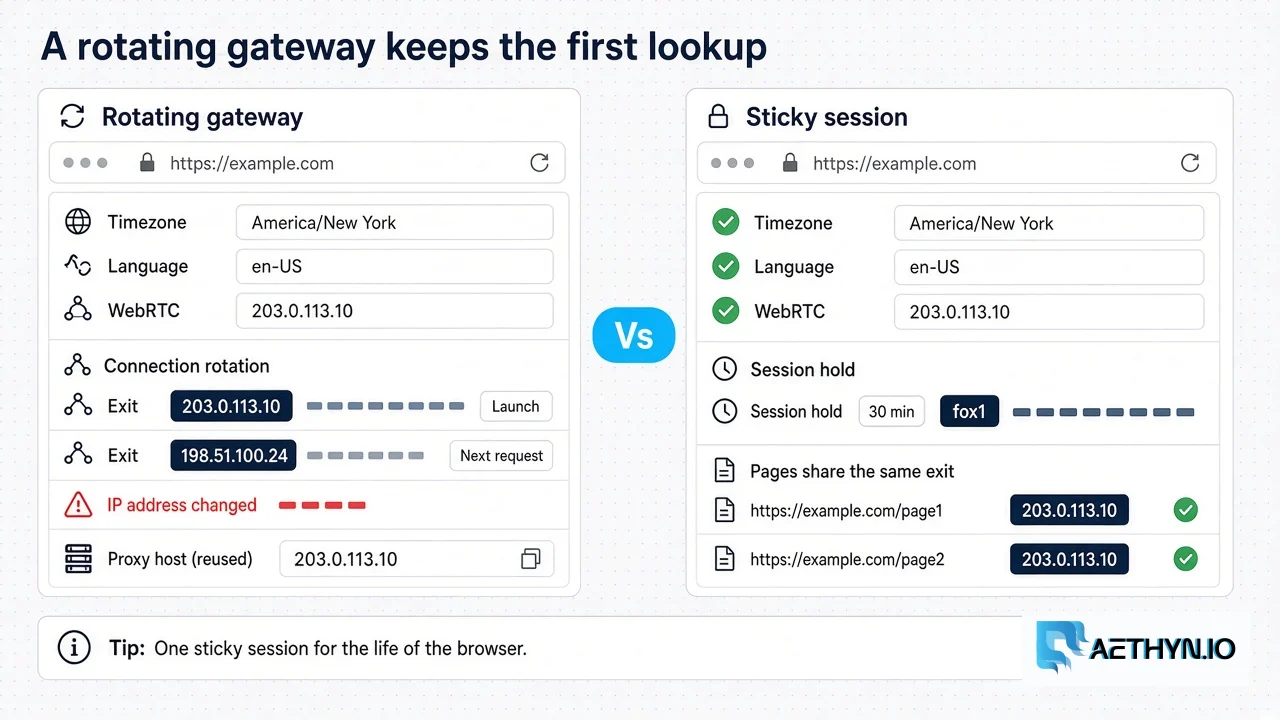 Rotating gateway changes the exit after launch while sticky session keeps timezone, language, and WebRTC on one IP