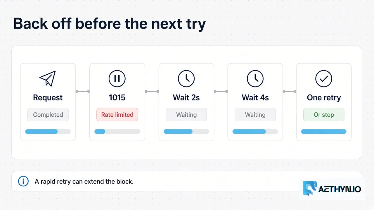 Four tries, with the gap doubling. A new session id is not one of the stations. Request, 1015, wait, longer wait, then one retry