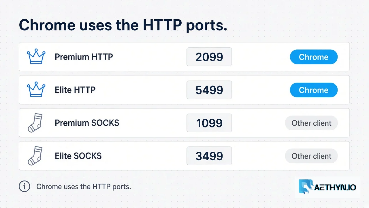 Chrome uses the HTTP ports. SOCKS5 stays on clients that can log in there. Four port rows: 2099 and 5499 marked for Chrome, 1099 and 3499 marked for other clients