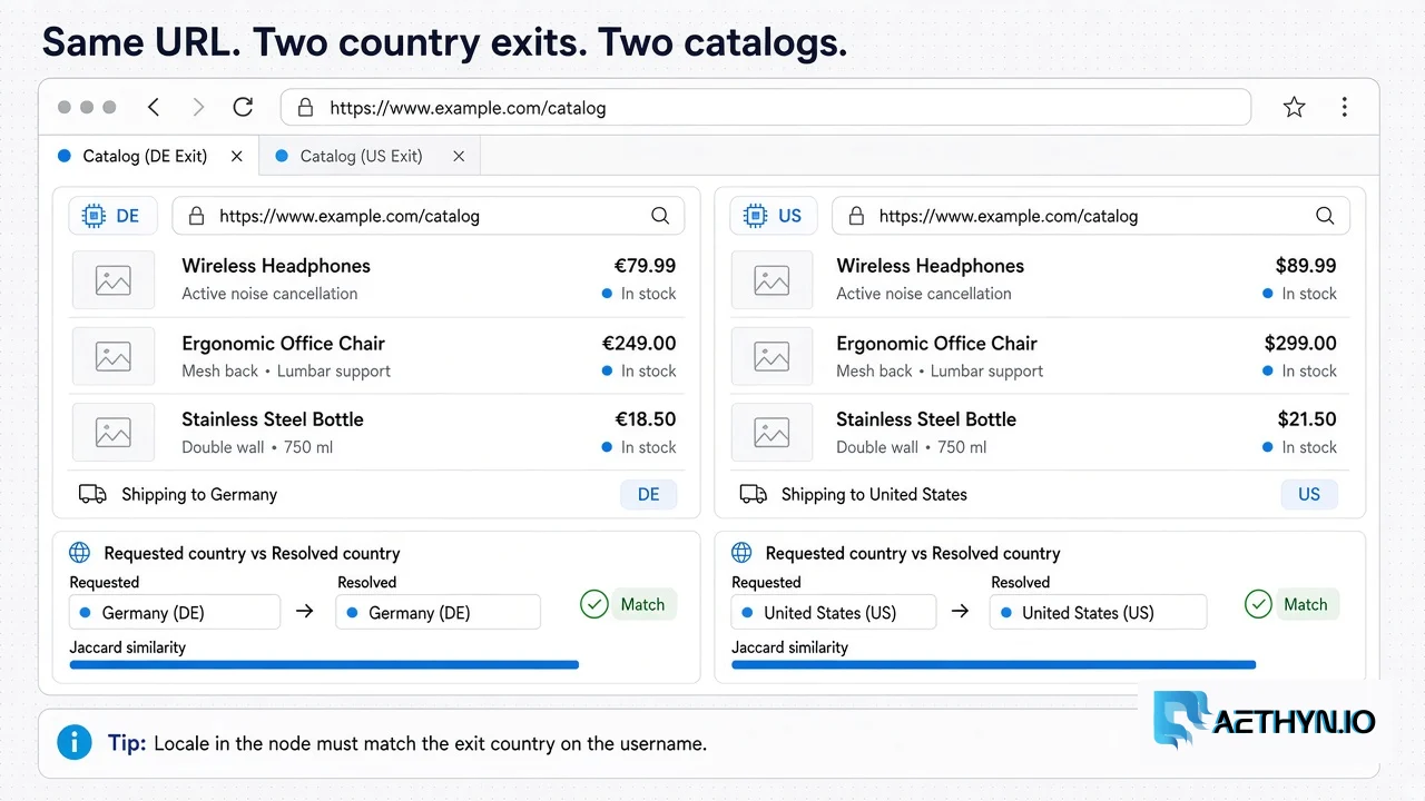 Same catalog URL opened through a German household exit and a US household exit, with euro prices versus dollar prices and a requested-versus-resolved country match on each pane