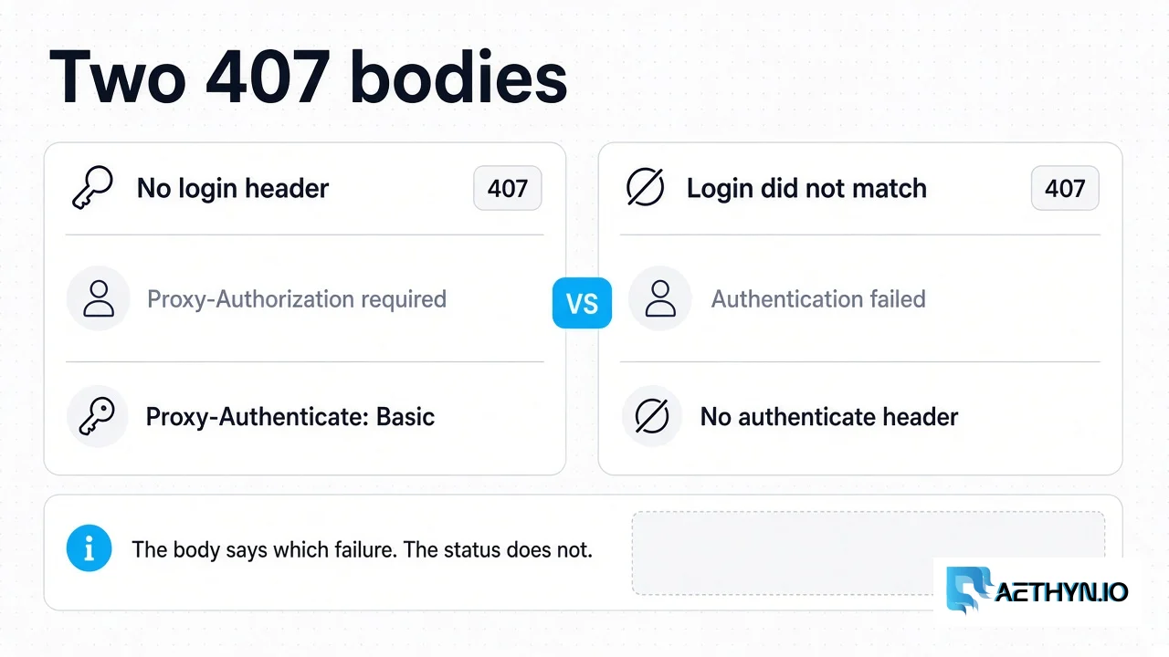Two HTTP 407 responses: Proxy-Authorization required with an authenticate header, and Authentication failed without one