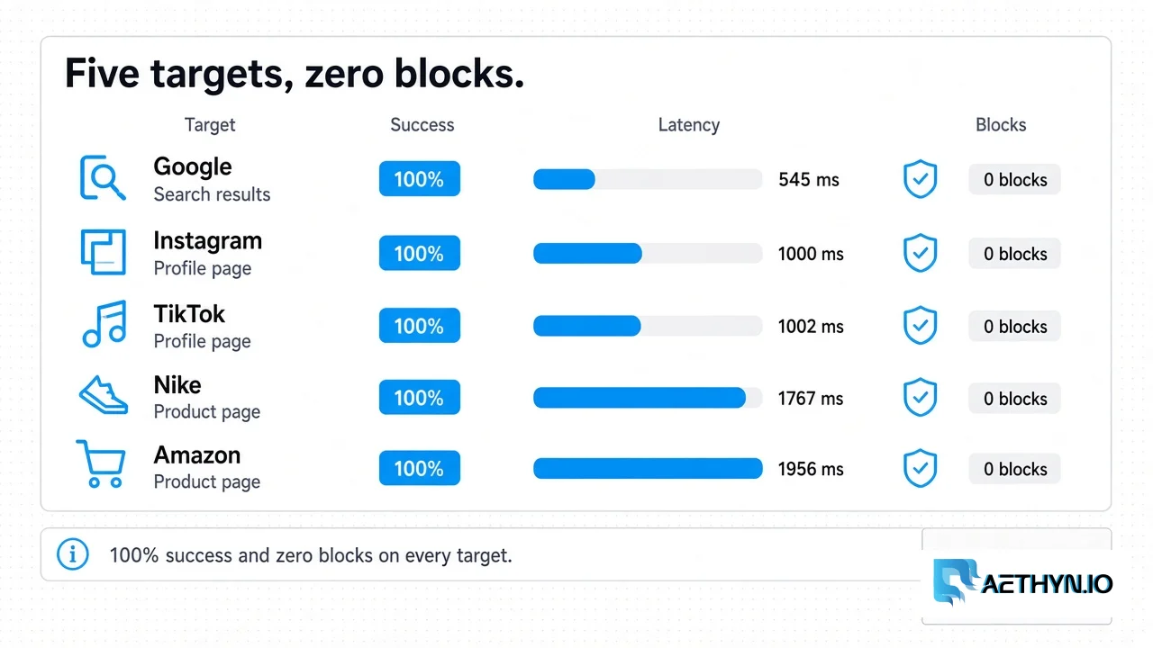 Google, Instagram, TikTok, Nike, and Amazon. 100% success, zero blocks. Five targets at 100 percent success and zero blocks