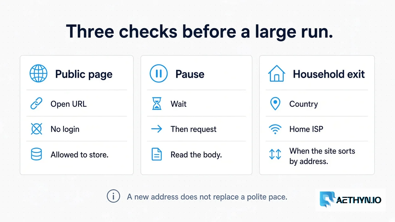 Three checks before a large run: a public page, a pause between requests, and a household exit when the site sorts visitors by address